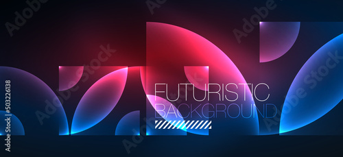 Shiny neon geometric abstract background. Glowing lights on round shapes, triangles and circles. Wallpaper for concept of AI technology, blockchain, communication, 5G, science, business