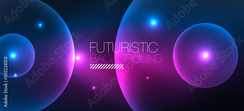 Shiny neon geometric abstract background. Glowing lights on round shapes, triangles and circles. Wallpaper for concept of AI technology, blockchain, communication, 5G, science, business