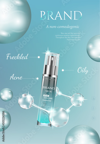 Cosmetic set ads, luxury blue package design on light blue background with molecule glittering bokeh and bubbles in 3d illustration
