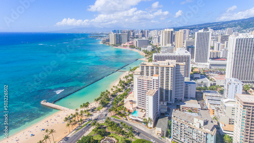 Aerial view of oceanfront condos and hotels at Waikiki Beach in Honolulu on Oahu, Hawaii © Ryan Tishken