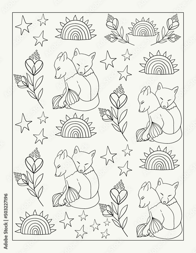 Colouring book page with cute rainbows, flowers, stars and foxes.