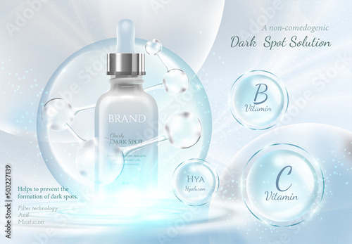 Cosmetic set ads, luxury blue package design on light blue background with molecule glittering bokeh and bubbles in 3d illustration