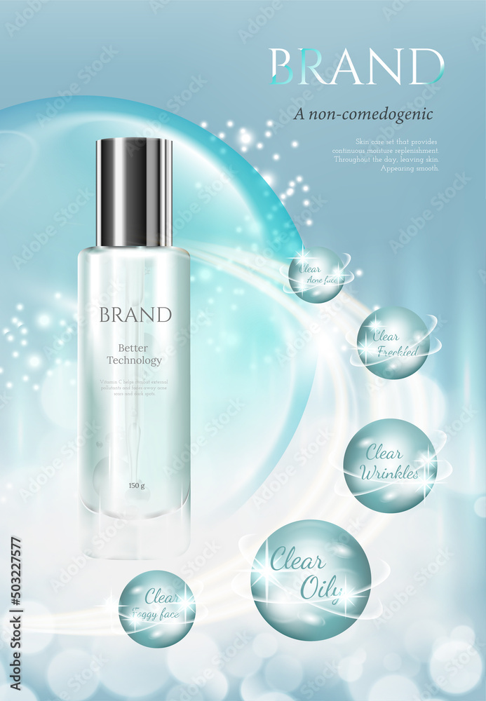 Cosmetic set ads, luxury blue package design on light blue background with molecule glittering bokeh and bubbles in 3d illustration