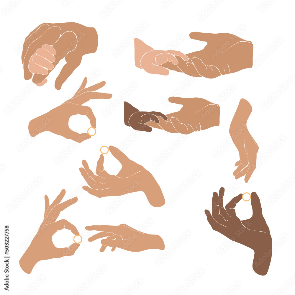 Gesticulating with hands. Hand with counting gestures, index finger. Open lever showing signal and handshake, interactive communication vector set Gesticulating with hands. Hand with counting gestures, index finger. Open lever showing signal and handshake, interactive communication vector set