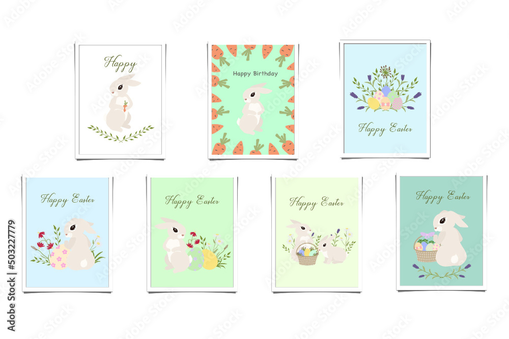 Easter! Vector illustrations of watercolor cute bunny, chicken, flowers, plants and congratulations frame. Clip art for poster, invitation, card or background