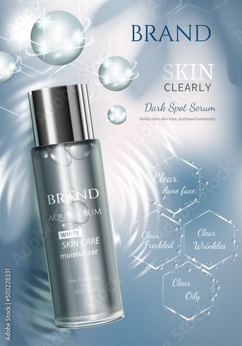 Cosmetic set ads, luxury blue package design on light blue background with molecule glittering bokeh and bubbles in 3d illustration