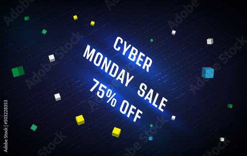Cyber monday sale special offer poster with d black cubes of percents on dark of binary code background