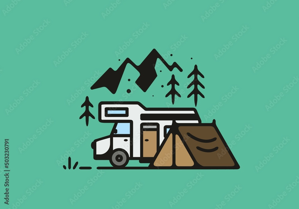 Camping with camper van line art illustration Camping with camper van line art illustration