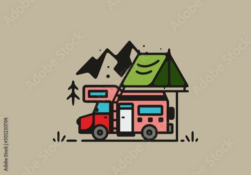 Camping with camper van line art illustration
