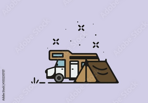 Camping with camper van line art illustration