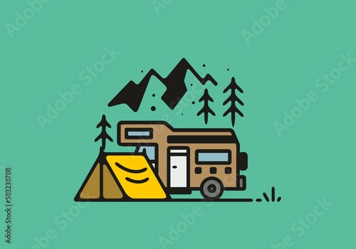 Camping with camper van line art illustration