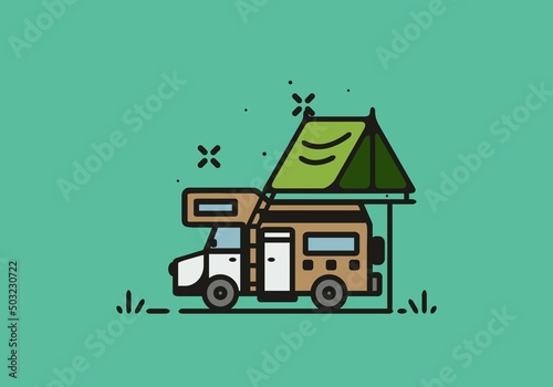 Camping with camper van line art illustration