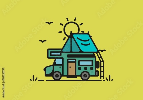 Camping with camper van line art illustration