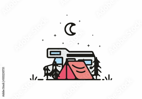 Camping with camper van line art illustration