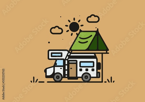 Camping with camper van line art illustration
