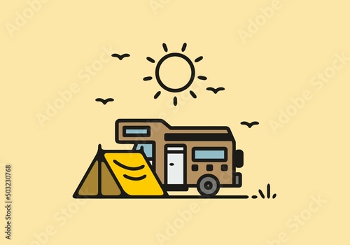 Camping with camper van line art illustration