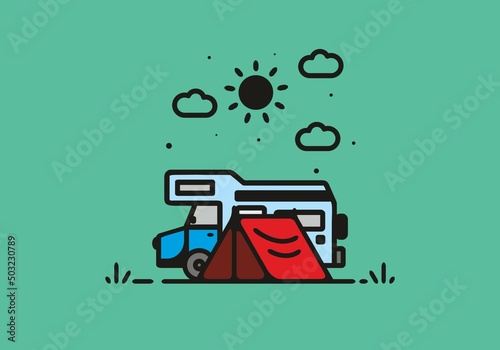 Camping with camper van line art illustration