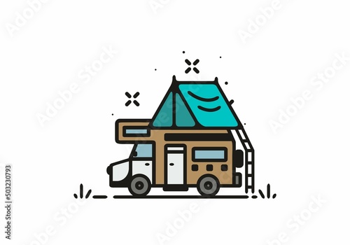 Camping with camper van line art illustration © Adipra