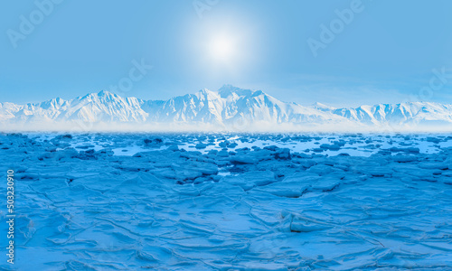 Fototapeta Naklejka Na Ścianę i Meble -  Beautiful winter landscape of frozen lake at sunrise - Snowy ice hummocks with transparent blue piles of ice - Norway