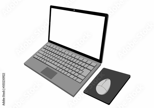 ノートパソコンとマウス　右斜めからのイラスト　JPEG