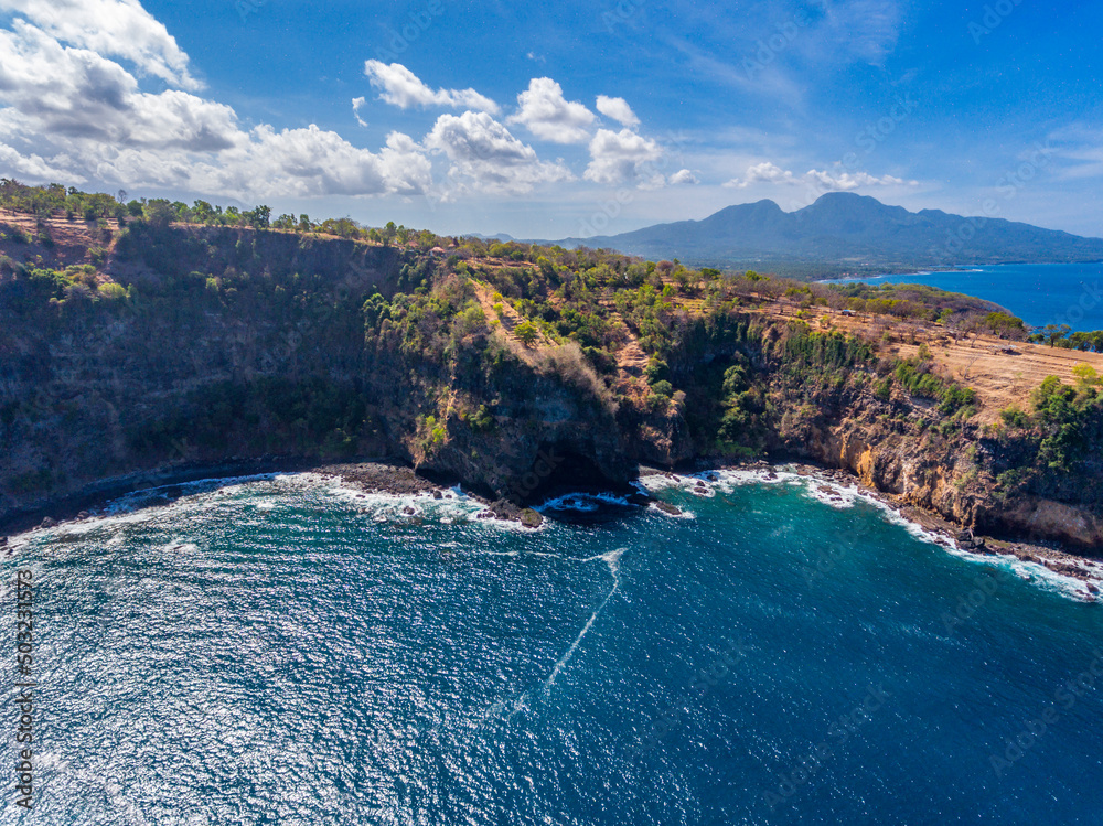 An aerial view on Bukit Asah on Bali island near White Sand Beach or Virgin Beach in Indonesia.