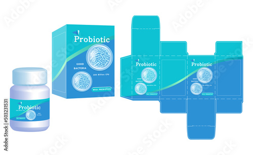 Packaging design, Label on dietary supplement container with blue probiotic concept box template and mockup box, illustration vector.