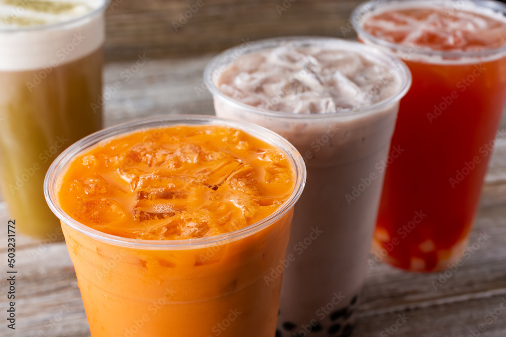 A view of some cold fruit tea and milk tea beverages. A view of some cold fruit tea and milk tea beverages.