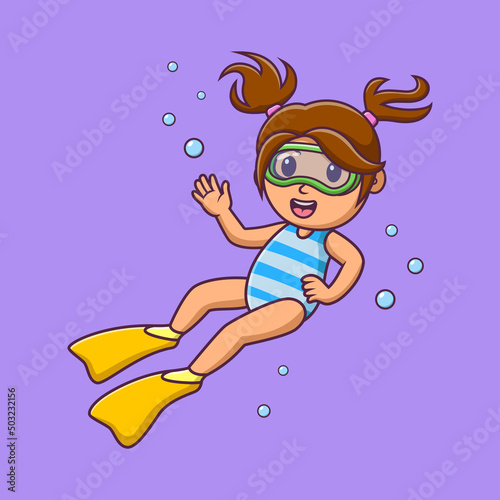 Cartoon little girl scuba diver, Cute cartoon girl diving in summer , vector cartoon illustration