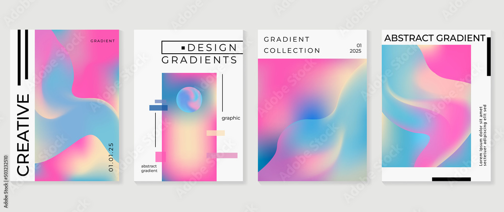 Abstract colorful gradient liquid cover template. Set of modern poster with vibrant graphic color, hologram, circle bubbles, organic shapes. Futuristic design for brochure, flyer, wallpaper, banner.