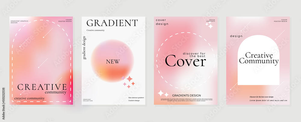 Abstract rose gold gradient liquid cover template. Set of modern poster with vibrant graphic color, hologram, shooting star, circle shapes. Futuristic design for brochure, flyer, wallpaper, banner. - obrazy, fototapety, plakaty 