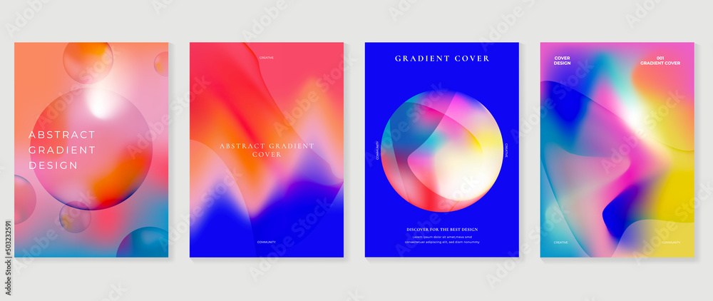 Naklejka premium Abstract colorful gradient liquid cover template. Set of modern poster with vibrant graphic color, hologram, circle, organic shapes, bubbles. Futuristic design for brochure, flyer, wallpaper, banner.