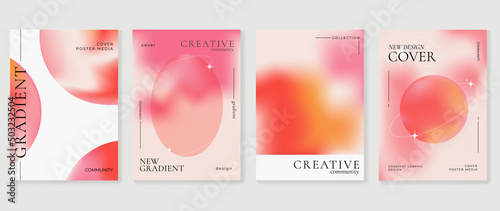 Abstract red gradient liquid cover template. Set of modern poster with vibrant graphic color, hologram, circle bubbles, planet, star elements. Futuristic design for brochure, flyer, wallpaper, banner. photo