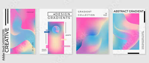 Abstract colorful gradient liquid cover template. Set of modern poster with vibrant graphic color, hologram, circle bubbles, organic shapes. Futuristic design for brochure, flyer, wallpaper, banner.