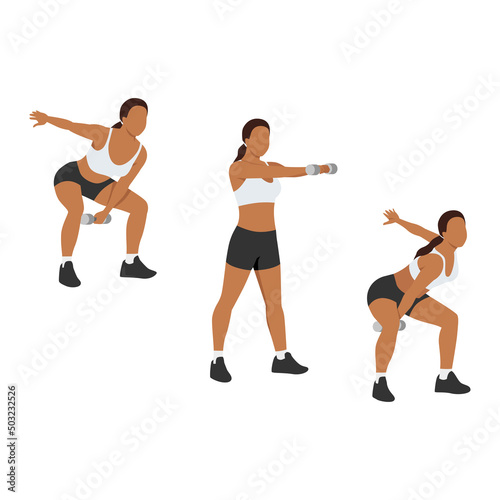 Woman doing alternating dumbbell swing exercise. Flat vector illustration isolated on white background
