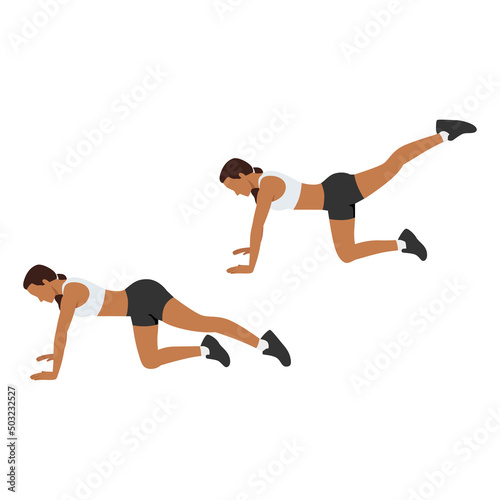 Woman doing back leg lifts exercise. Flat vector illustration isolated on white background