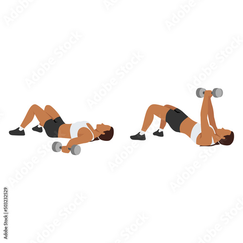 Woman doing chest fly glute bridge exercise flat vector illustration isolated on white background