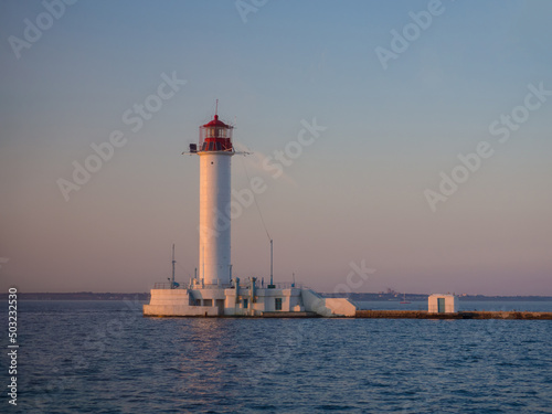 The Vorontsov Lighthouse in the Black Sea port of Odessa, Ukraine in the evening. The current lighthouse is the third to stand on the same spot. The first was built in 1862 and was made of wood. © pijav4uk