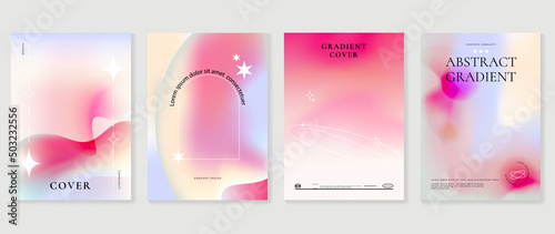 Abstract pink gradient liquid cover template. Set of modern poster with vibrant graphic color, hologram, stars, circle shapes, frame. Futuristic design for brochure, flyer, wallpaper, banner.