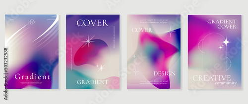 Abstract purple gradient liquid cover template. Set of modern poster with vibrant graphic color, hologram, stars, organic shapes, frame. Futuristic design for brochure, flyer, wallpaper, banner.