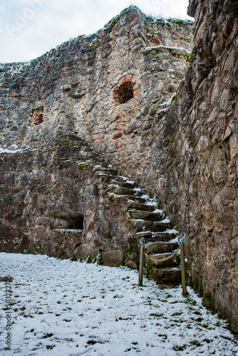 Stair in stone wall at ruins of Kronoberg castle, Vaxjo, Sweden photo