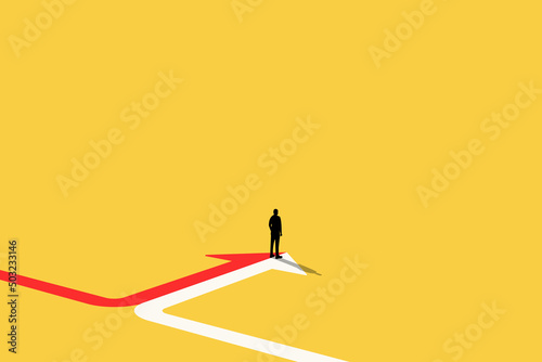 Business opportunity or career success vector concept with man standing on arrow. Symbol of courage, ambition, having a goal, inspiration.