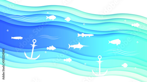 Blue Underwater Abstract Paper Cut Background Vector Sea Ocean Fishes Seaweed Wave Nature Shadows Aanchors