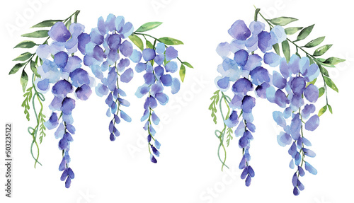 Wisteria Blue and Purple Flower Bunch Watercolor Collection of 2, Hand Painted on Isolated White Background