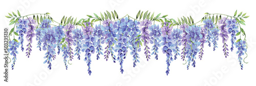 Wisteria Long Border Line Watercolor Hand Painted on Isolated White Background
