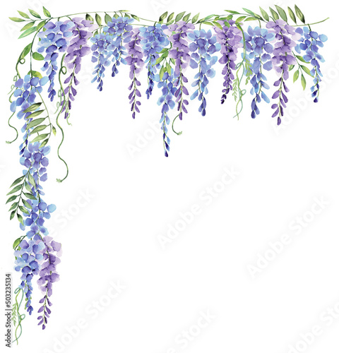 Wisteria Corner Frame Watercolor Hand Painted Purple and Blue Flowers on Isolated White Background photo