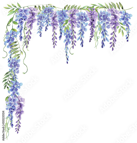 Wisteria Corner Frame Watercolor Hand Painted Purple and Blue Flowers on Isolated White Background