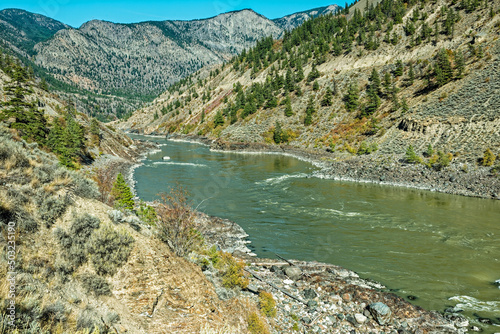 The Fraser River runs along the Trans-Canada Highway north of Lillooet, British Columbia, Canada