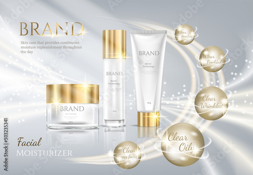 Cosmetic set ads,White gold luxury. Science abstract vector background design with DNA molecular structure. 3d molecules or atoms model illustration, scientific banner for medicine, biology.