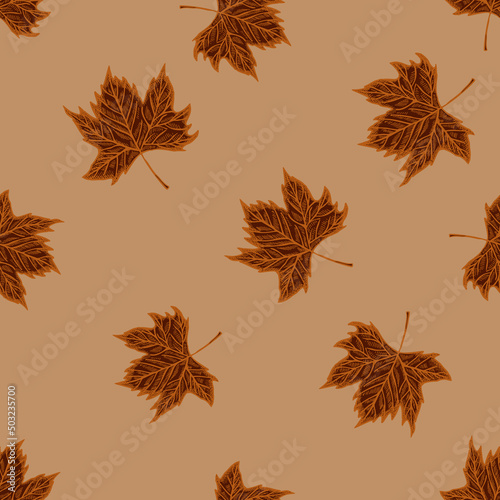 Leaves maple engraved seamless pattern. Vintage background botanical with canadian foliage in hand drawn style.