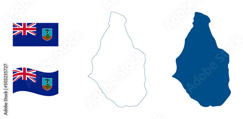 Montserrat map. British overseas territory in the Caribbean. Detailed blue outline and silhouette. Country flag. Set of vector maps. All isolated on white background. Template for design. photo
